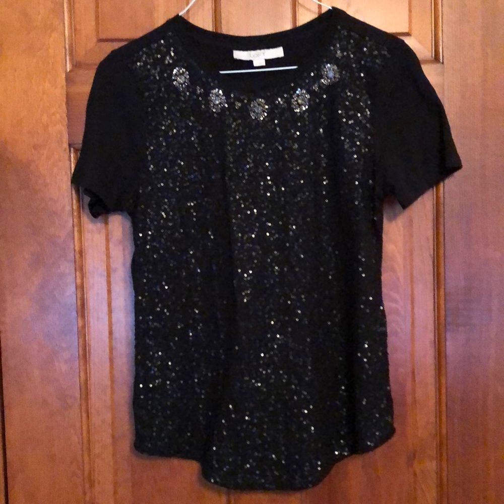 Black sequined top with jeweled neckline from Loft